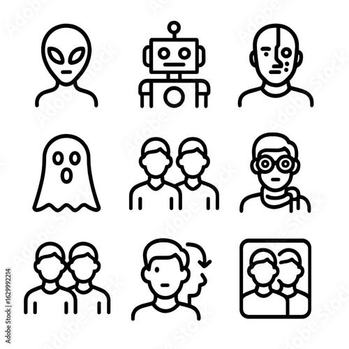 Multiverse Icons Grid. Outline icon set of multiverse beings: alien, robot, cyborg, ghost, doppelganger, time traveler, clone,