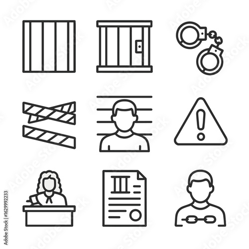 Crime and Punishment Icons. Outline icon set of crime and punishment: prison bars, jail cell, handcuffs, police tape, mugshot,