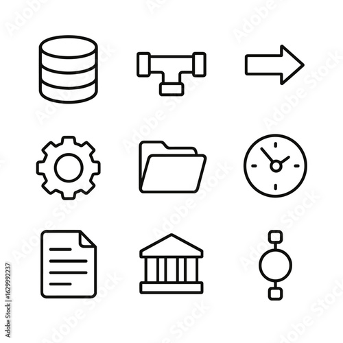 ETL Icon Set. Outline icon set of ETL and data processing: database, pipeline, extract arrow, transform gear, load folder,