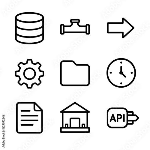 ETL Process Icons. Outline icon set of ETL and data processing: database, pipeline, extract arrow, transform gear, load folder,