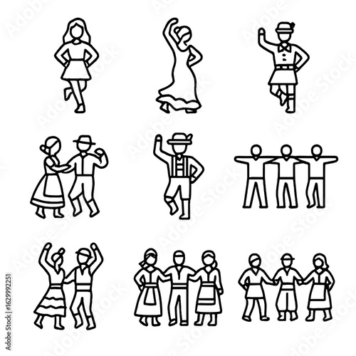 European Folk Dance Icons. Outline icon set of European folk dance traditions: Irish step dancing, Flamenco dancer, Highland reel,