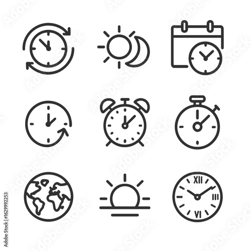 Daylight Saving Icons. Outline icon set of daylight saving time: clock with arrows, sun and moon, calendar, clock with time shift,