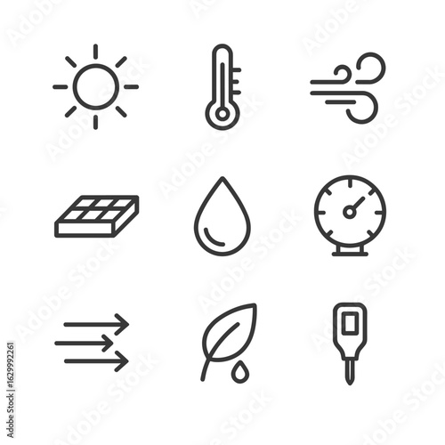 Evaporation Icons Set. Outline icon set of environmental factors in evaporation: sunbeam, ambient temperature gauge, wind gust,