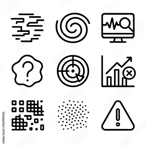Mystery Phenomenon Icons. Outline icon set of unknown phenomenon: glitch effect outline, mystery swirl silhouette, anomaly