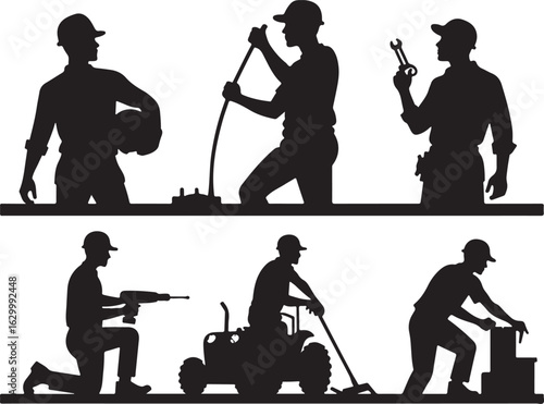 Skilled workers performing diverse construction and labor tasks