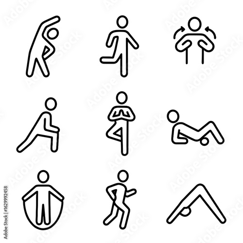 Exercise Icon Set. Outline icon set of warm-up and cool-down exercises: stretching arm reach, leg swing, shoulder roll, lunging