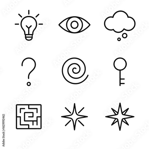 Mystic Icon Collection. Outline icon set of oracle concepts: fate threads, destiny wheel, prophecy flame, vision cloud, mystic