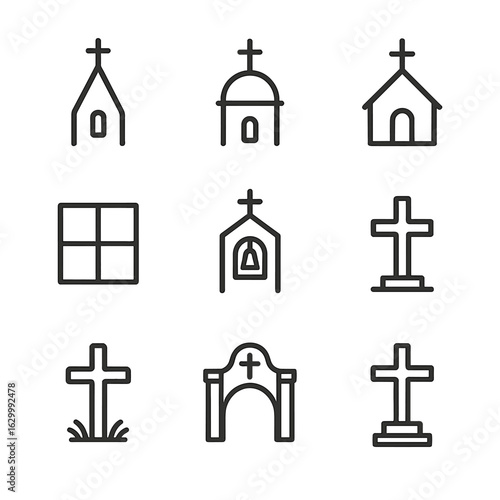 Cross Icon Set. Outline icon set of cross in architecture: church steeple, monastery cross, chapel rooftop, cross window, bell