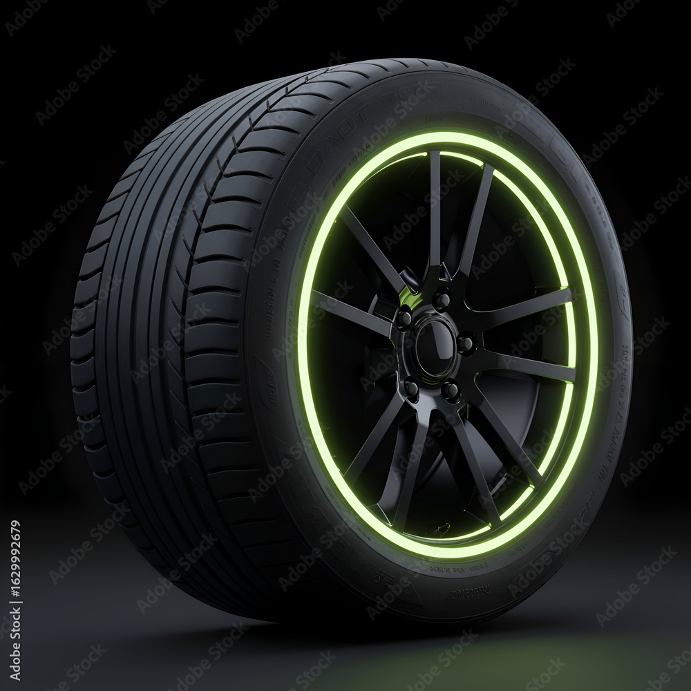 Obraz premium Modern black alloy wheel with glowing lime green accents on a dark background. High-tech automotive part displayed in studio setting.