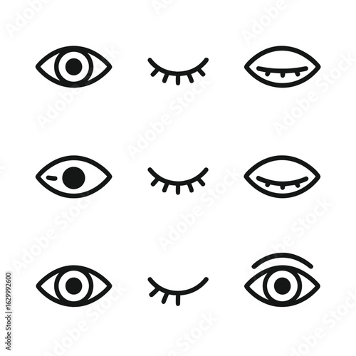 Eye Expression Icons. Outline icon set of ocular blink actions: open eye, closed eye, half-closed eye, wink, double blink, slow