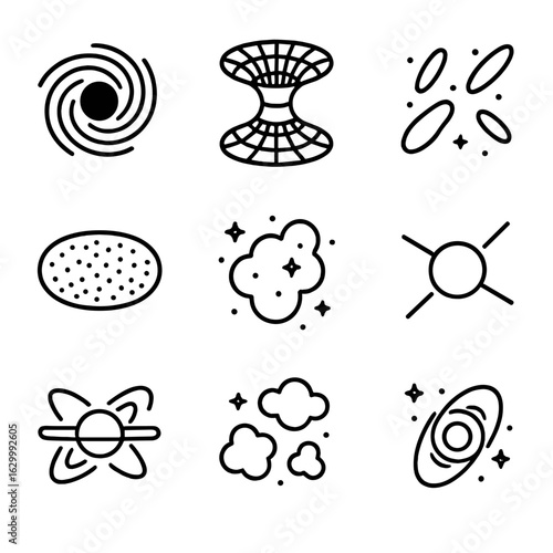 Deep Space Icon Set. Outline icon set of deep space phenomena: black hole, wormhole, dark matter, cosmic microwave background,