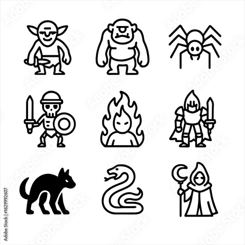 Mythic and Ascension Icons. Outline icon set of mythic enemies: goblin, troll, giant spider, skeleton warrior, fire elemental,