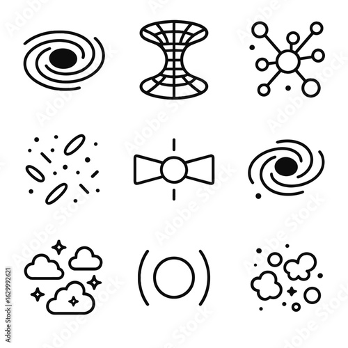 Deep Space Icon Set. Outline icon set of deep space phenomena: black hole, wormhole, dark matter, cosmic microwave background,