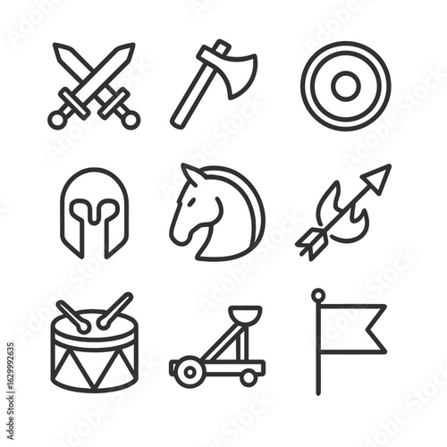 Mythic Battle Icons. Outline icon set of mythic battles: crossed swords, battle axe, shield, helmet, war horse, flaming arrow, war