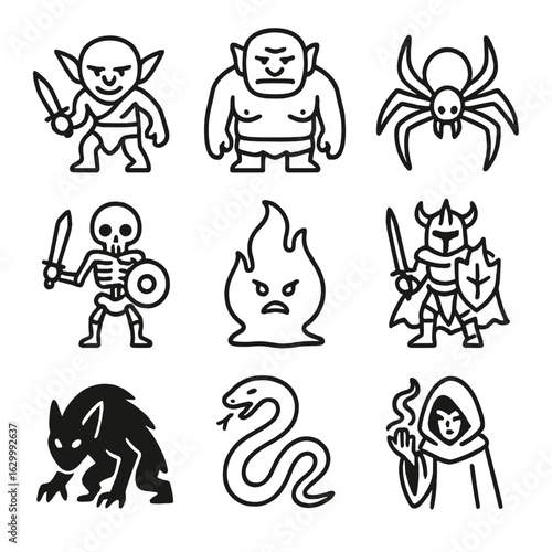 Mythic and Ascension Icons. Outline icon set of mythic enemies: goblin, troll, giant spider, skeleton warrior, fire elemental,