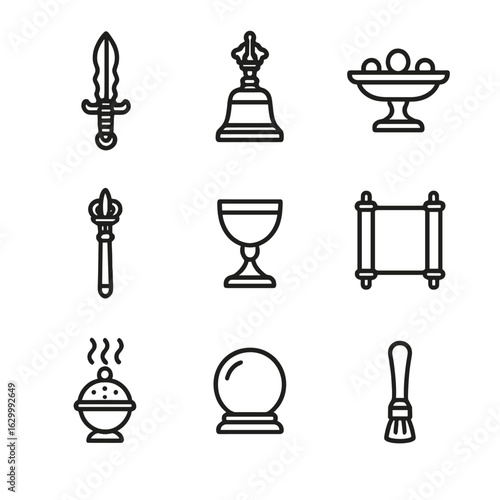 Deity Tools Icons. Outline icon set of deity tools: ceremonial dagger, sacred bell, offering tray, divine wand, ritual cup, prayer