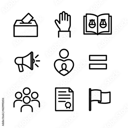 Democracy Icon Set. Outline icon set of democracy and rights: ballot box, hand vote, open constitution, loudspeaker, human rights