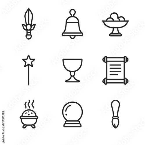 Deity Tools Icons. Outline icon set of deity tools: ceremonial dagger, sacred bell, offering tray, divine wand, ritual cup, prayer