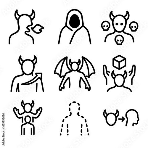 Demon Attribute Icons. Outline icon set of demon attributes: fire breath, shadow cloak, poison aura, regeneration, flight,