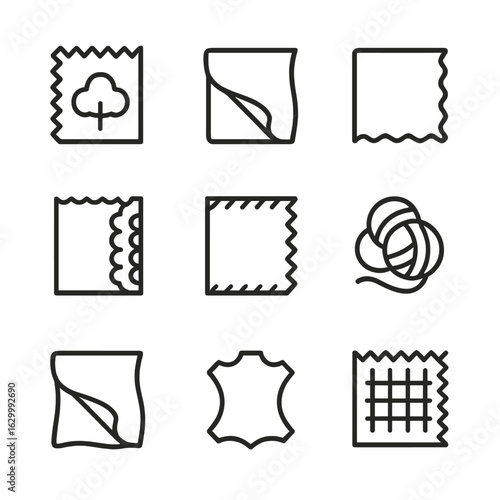 Fabric Swatch Icons. Outline icon set of popular costume fabrics: cotton swatch, silk swatch, velvet swatch, lace swatch, denim
