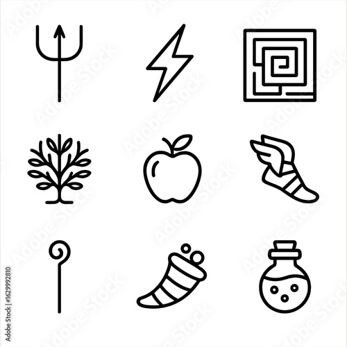Mythical Symbols Icons. Outline icon set of mythical symbols: trident, lightning bolt, labyrinth, sacred tree, golden apple,