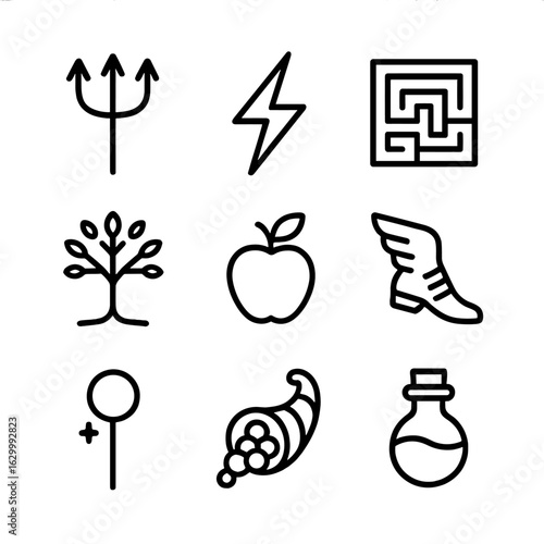 Mythical Symbols Icons. Outline icon set of mythical symbols: trident, lightning bolt, labyrinth, sacred tree, golden apple,