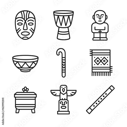 Cultural Artifact Icons. Outline icon set of cultural artifacts: tribal mask, ceremonial drum, ancestral statue, ritual bowl,