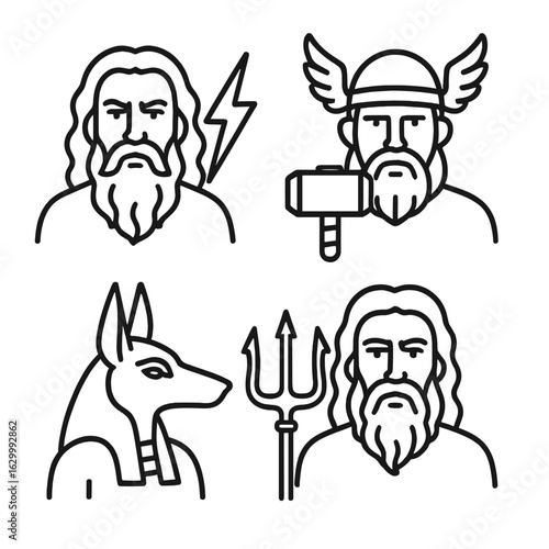 Mythological Gods Icons. Outline icon set of mythological gods: Zeus lightning, Thor hammer, Anubis head,