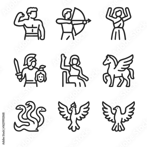 Mythology Icon Set. Outline icon set of mythological figures: Hercules, Orion, Andromeda, Perseus, Cassiopeia, Pegasus, Hydra,