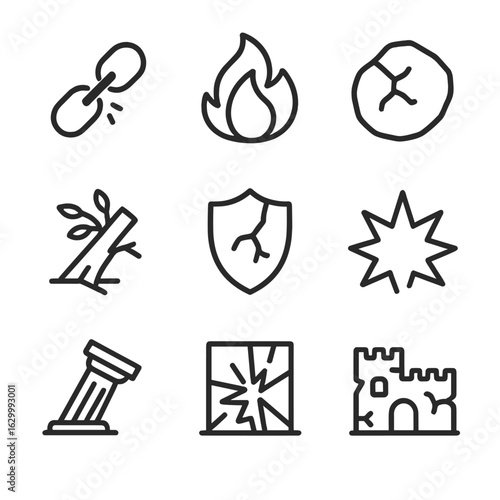 Destruction Icon Set. Outline icon set of destruction and wreckage: broken chains, burning fire, cracked stone, fallen tree,