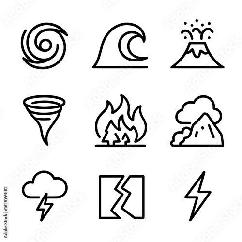 Natural Phenomena Icons. Outline icon set of natural raw power: hurricane, tsunami wave, erupting volcano, tornado, wildfire,