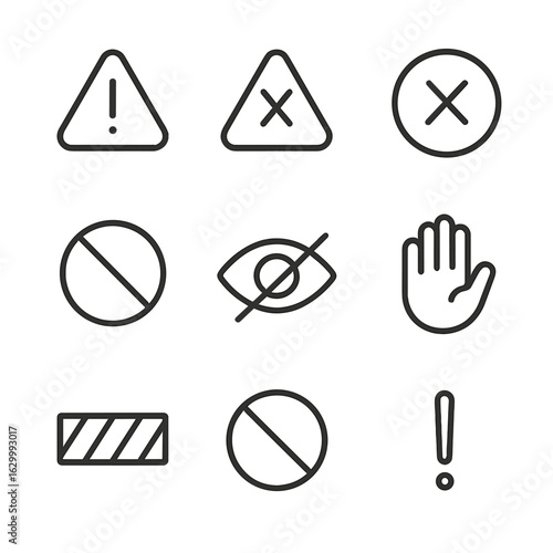Absence Warning Icons. Outline icon set of absence warnings and notifications: alert sign, warning triangle, error symbol, no