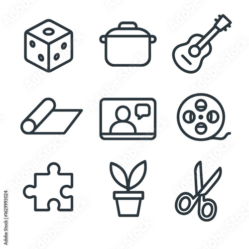 Family Activities Icons. Outline icon set of at-home family activities and entertainment: board game die, cooking pot, guitar,