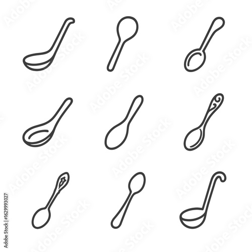 Cultural Spoons Icon Set. Outline icon set of cultural spoons: Japanese soup spoon, Korean metal spoon, Indian curry spoon,