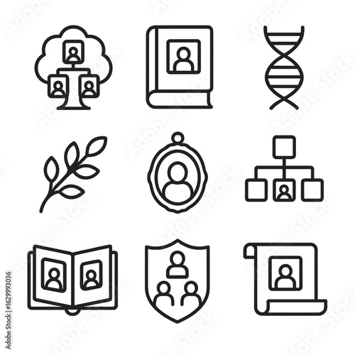 Family Genealogy Icons. Outline icon set of family tree genealogy: family tree diagram, ancestry book, DNA helix, photo album,