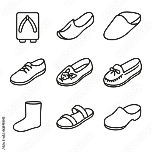 Cultural Slippers Icons. Outline icon set of slipper styles by culture: Japanese geta, Indian jutti, Moroccan babouche, Scottish