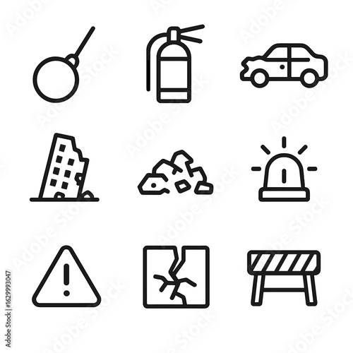 Destruction Icon Set. Outline icon set of destruction and havoc: wrecking ball, fire extinguisher, wrecked car, collapsed building