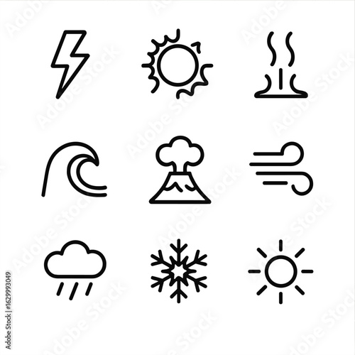 Natural Energy Icons. Outline icon set of natural energy phenomena: lightning bolt, solar flare, geothermal steam, tidal wave,