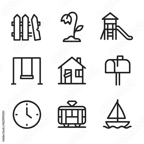 Abandonment Icon Set. Outline icon set of abandonment: broken fence, wilted flower, empty playground, rusted swing, vacant house,