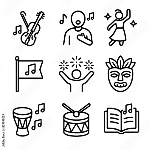 Cultural Melody Icons. Outline icon set of melody in cultures: traditional music, folk song, ceremonial dance, national anthem,