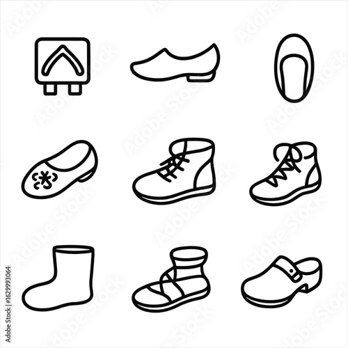 Cultural Slippers Icons. Outline icon set of slipper styles by culture: Japanese geta, Indian jutti, Moroccan babouche, Scottish