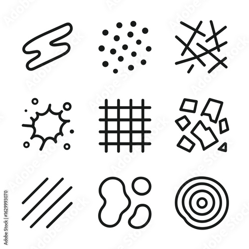 Abstract Icon Collection. Outline icon set of abstract patterns: brush strokes, dots cluster, random lines, splatter, mesh grid,