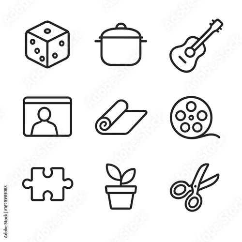 Family Activities Icons. Outline icon set of at-home family activities and entertainment: board game die, cooking pot, guitar,