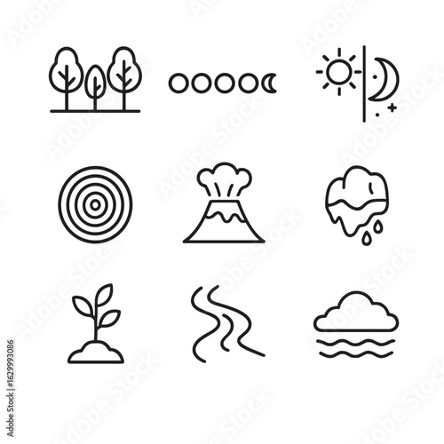 Natural Transformations Icons. Outline icon set of natural transformations: seasons change, moon phases, day to night, growth