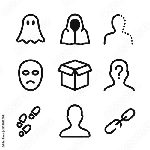Absence Icon Set. Outline icon set of absence concepts: ghost, invisibility cloak, fading figure, hollow mask, empty box,