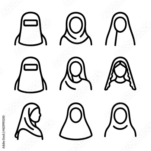 Cultural Veils Icons. Outline icon set of cultural veils: niqab, hijab, chador, burqa, dupatta, mantilla, shayla, khimar, tudung.
