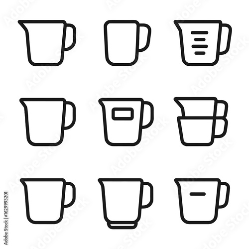 Cup Features Icons. Outline icon set of cup features: spout lip, handle grip, measuring lines, clear body, volume label, stackable