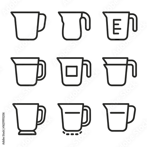 Cup Features Icons. Outline icon set of cup features: spout lip, handle grip, measuring lines, clear body, volume label, stackable