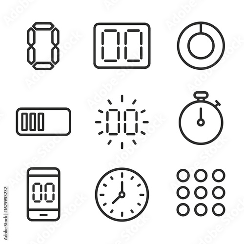 Digital Countdown Icons. Outline icon set of digital countdown displays: LED numbers, segmented display, circular progress,