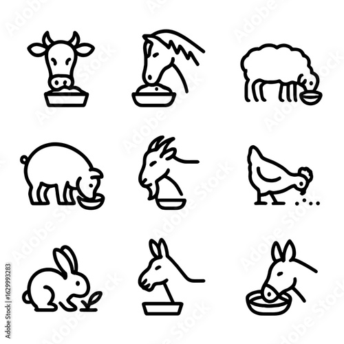 Farm Animals Feeding Icons. Outline icon set of farm animals feeding: cow feeding, horse feeding, sheep feeding, pig feeding, goat